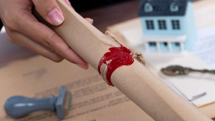 Женщина держит свиток с печатью, т.к. перенимает в наследование кредита по дому