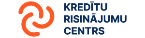 Uzņēmuma Risini.lv logotips ar uzrakstu lieliem burtiem KREDĪTU RISINĀJUMU CENTRS un oranžā virpuļa formā