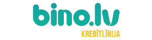 Kreditora “Bino.lv” logotips ar ziliem burtiem, bet apakšā piebilde “kredītlīnija” dzeltenā krāsā