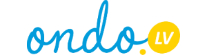 Логотип кредитора «Ondo.lv», где первая часть выполнена синими буквами, а «LV» – белыми буквами внутри желтого круга
