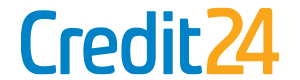 Kreditora “Credit24” logotips, kur pirmā daļa zilā krāsā, bet cipari dzeltenā un sarkanā krāsā