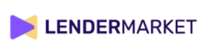 Lendermarket.com logotips violetajā krāsā, bet priekšā 2 viens pret otru vērsti trīsstūri violetā un dzeltenā krāsās