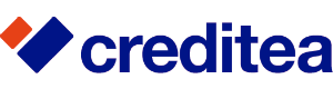 Kreditora “Creditea.lv” logotips ar maziem zilās krāsas burtiem, bet priekšā divi taisnstūri sarkanā un zilā krāsās