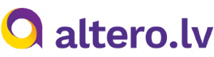 Kreditora “Altero.lv” logotipā ir vizuālā daļa aplis 2 krāsās – violetā un dzeltenā, bet pats nosaukums violetā krāsā