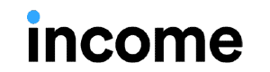 Getincome.com logotips, kurā ir vārds “income” ar maziem melniem burtiem, bet virs “i” punkts ir zilā krāsā