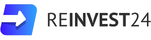 Reinvest24.com logotips melnā krāsā, kur vārds “INVEST” izcelts boldā, taču priekšā ir baltā bulta zilās krāsas kvadrātā
