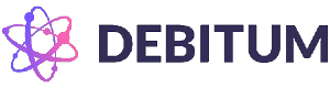 Логотип Debitum.com большими черными буквами и стилизованным цветком фиолетового цвета спереди