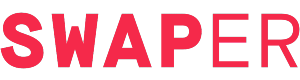 Swaper.com logotips ar lieliem sarkaniem burtiem, kur daļa “SWAP” ir izcelta boldā