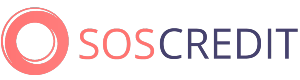 Логотип кредитора «Soscredit.lv», с красным кругом впереди и с частью «sos» красного цвета и «credit» черного цвета