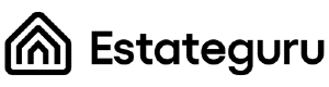 Estateguru.co logotips ar nosaukumu melnā krāsā, bet priekšā stilizētā mājiņa