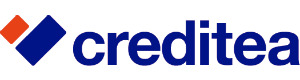 Kreditora “Creditea.lv” logotips ar maziem zilās krāsas burtiem, bet priekšā divi taisnstūri sarkanā un zilā krāsās