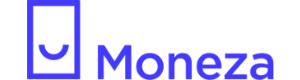Логотип кредитора «Moneza.lv» синими буквами и стилизованной сумкой для покупок спереди