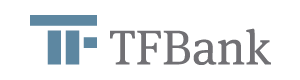 reditora “Tfbank.lv” logotips ar pelēkiem burtiem un priekšā vizuālā daļa ar stilizētiem “TF” burtiem
