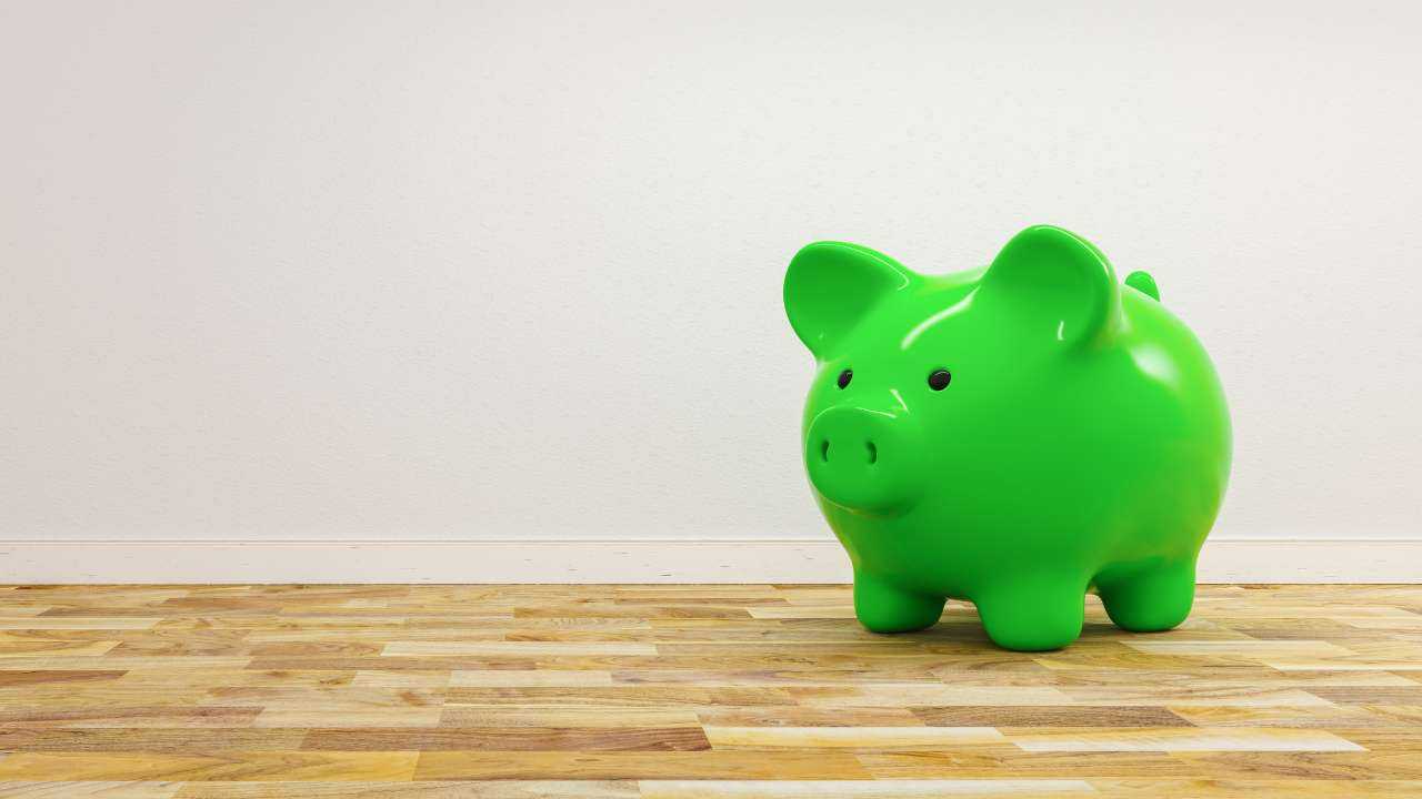 На полу стоит свинка-копилка зеленого цвета, в которой хранится финансовая подушка безопасности