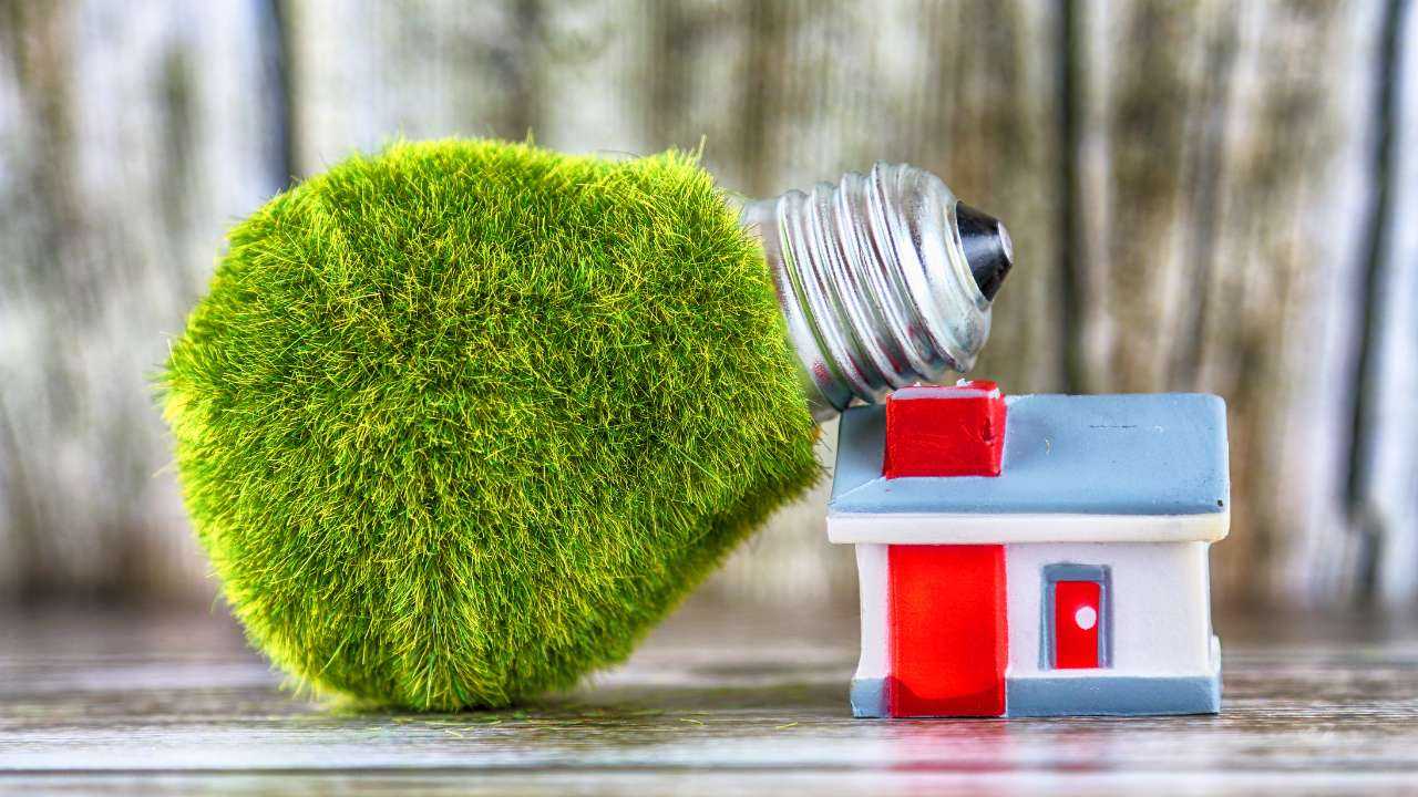Экологичная лампочка с травой и домик – символы энергосбережения