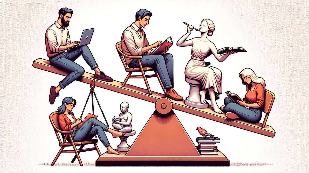 Иллюстрация группы людей, балансирующих на качелях, между работой, хобби, отдыхом и учебой