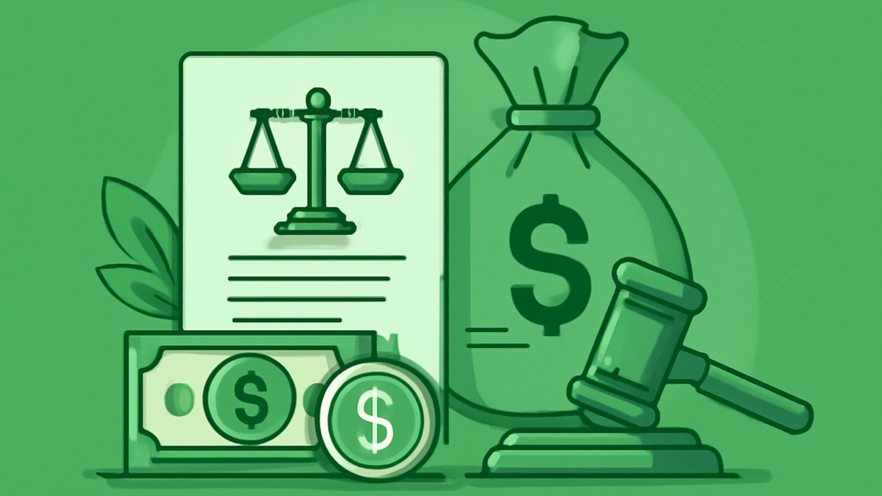 Zaļš ilustrēts attēls, kas attēlo finanšu un juridiskās tēmas, piemēram, kredītu likumdošanu, tiesību aktus un to nozīmi finanšu lēmumu pieņemšanā.