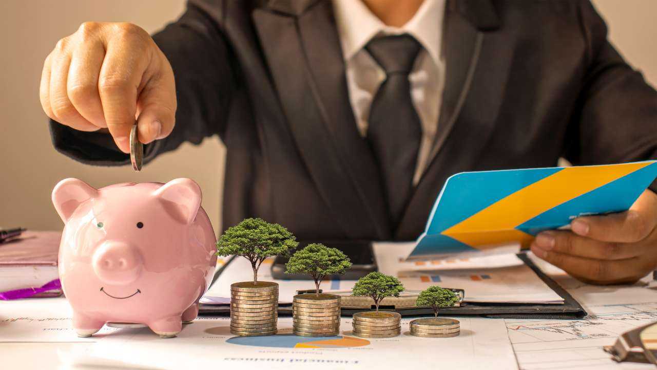 Человек вкладывает деньги в свинку-копилку, рядом стопки монет с растущими деревьями и графики вложенных сбережений